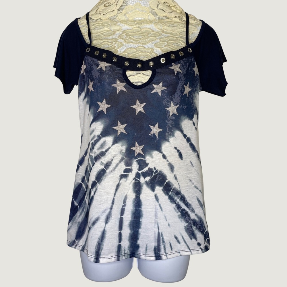 Venus Off Shoulder Top Navy Tie Dye Star Grommet Patriotic Americana Sz Medium
